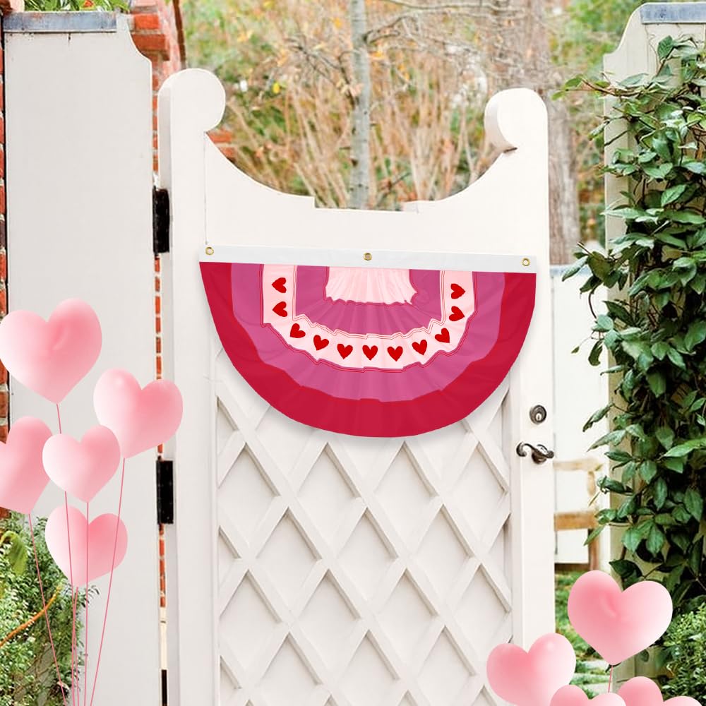 LinaGarten 4Pcs Valentine’s Day Bunting 2x4Ft Embroidered Love Heart Half Fan Bunting Flag Banner for Garden Fence, Outdoor Party, and Porch Decor