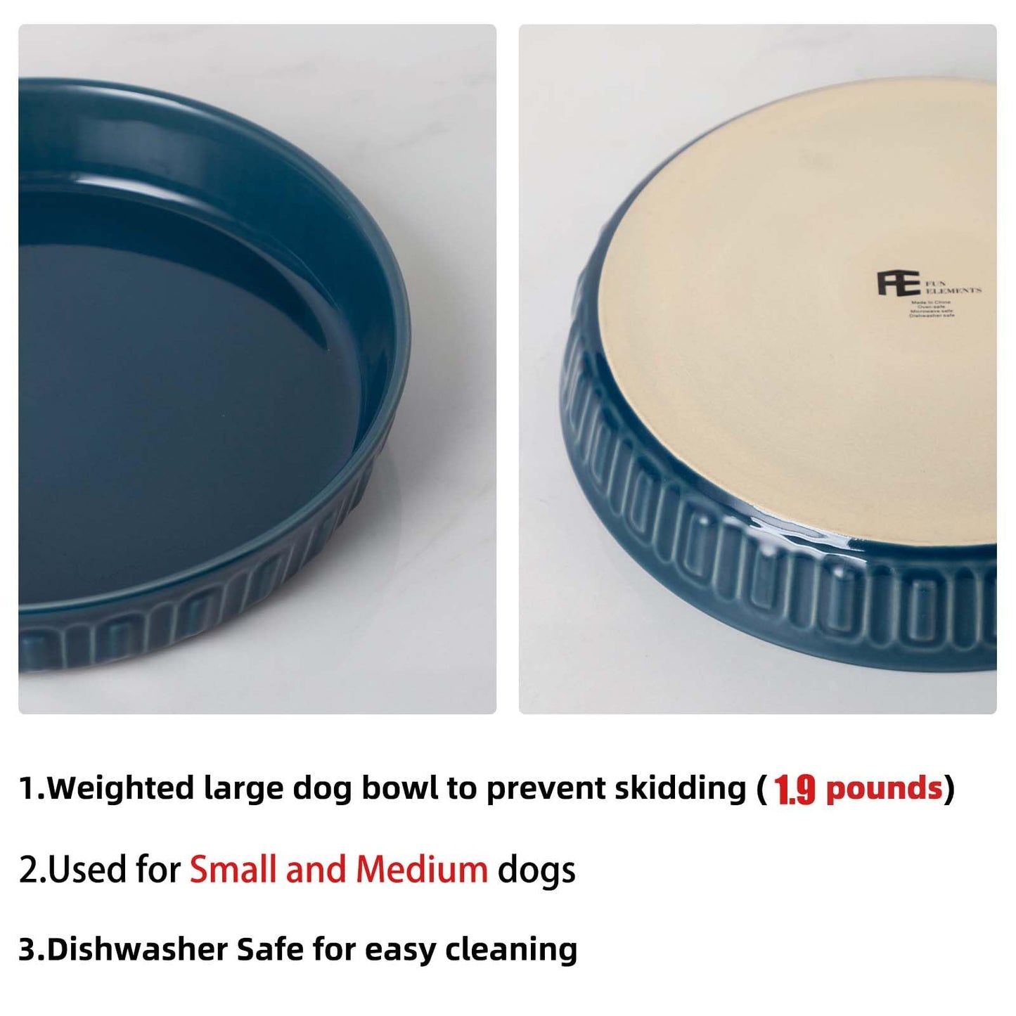 Fun Elements Shallow Dog Bowls, 8" Ceramic Dog Food Plate for Small and Medium Breeds, Non-Slip, Flat and Wide, Dishwasher Safe, Suitable for Puppies and Kittens (Blue)