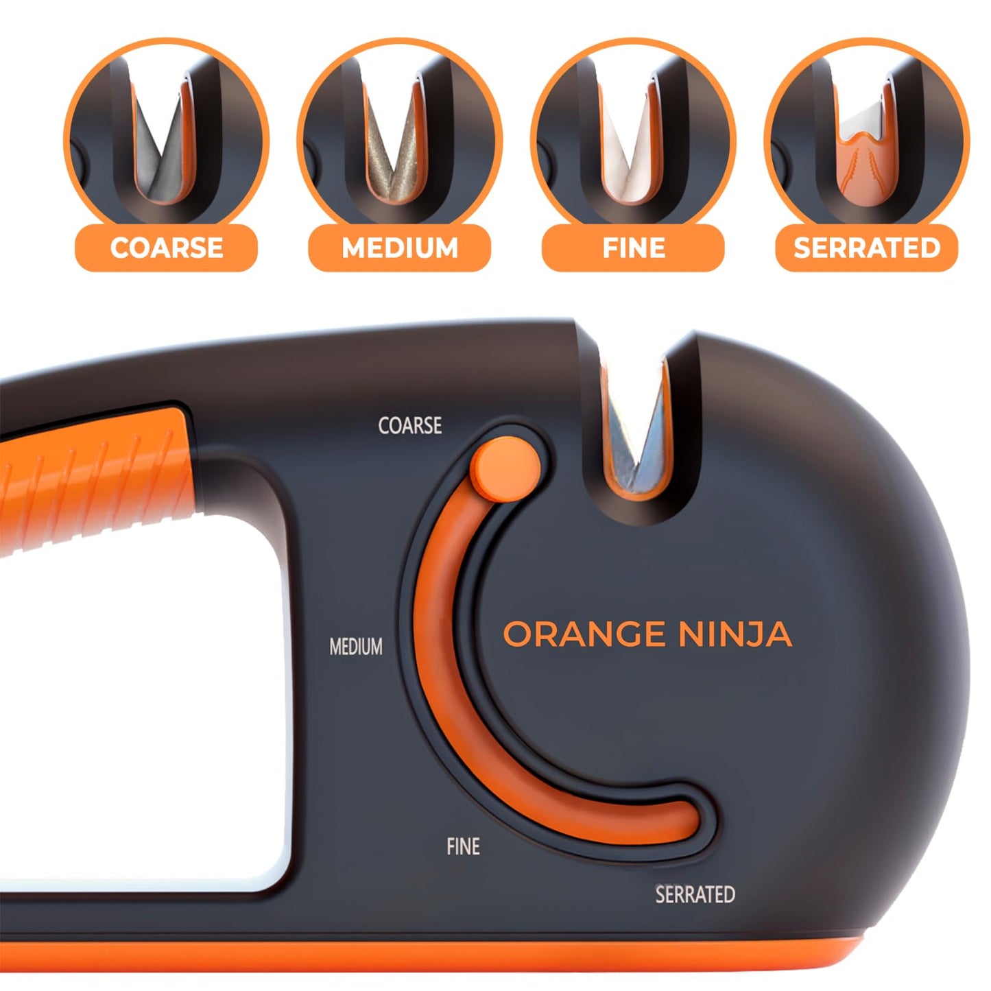 Orange Ninja 4-Stage Knife Sharpener - Premium Kitchen Knife Sharpeners - Adjustable Handheld Manual Knife Sharpeners for Kitchen Knives, Knife Sharpener, Chefs & Serrated Knife by Sharp Pebble