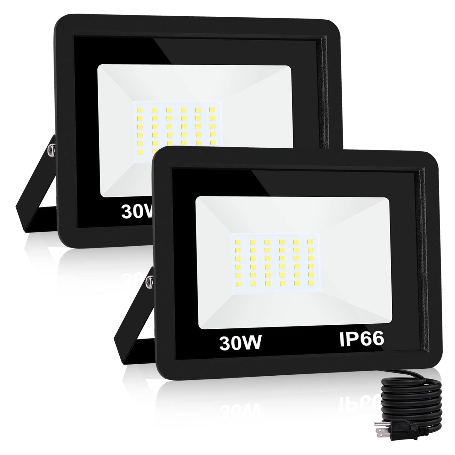 30W Flood Light Outdoor, 3000lm LED Flood Light IP66 Waterproof Plug in Outdoor Lights 6500K 2Pack Work Light for Yard Garden Stadium Garage Playground