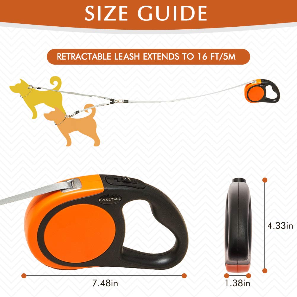 KOOLTAIL Dual Retractable Dog Lead for Two Dogs up to 110 lbs, Heavy Duty Double Head 16 ft Flexi Expandable 360° Tangle-Free One Button & Lock Brake Dog Lead for Small Medium Orange