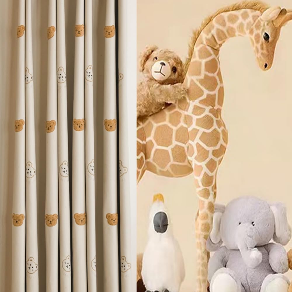 AiFMQQ Cartoon Bears Kids Blackout Curtains for Babys Bedoom Living Room Grommet Top Beige Embroidery 3D Bear Darkening Curtain for Nursery Baby Room 1 Panel (Beige, W42 L84 inch)