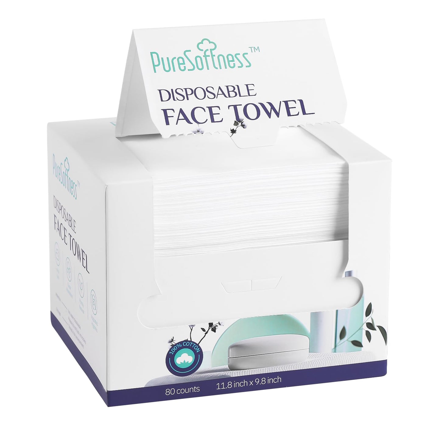 PureSoftness Disposable Face Towel, 100% Cotton, 80 Count, Extra Large 12" x 10", Soft Dry Wipe Face Wash, Makeup Remover, Biodegradable Towelette for Sensitive Skin (1 pack) (4, White, Extra Large)