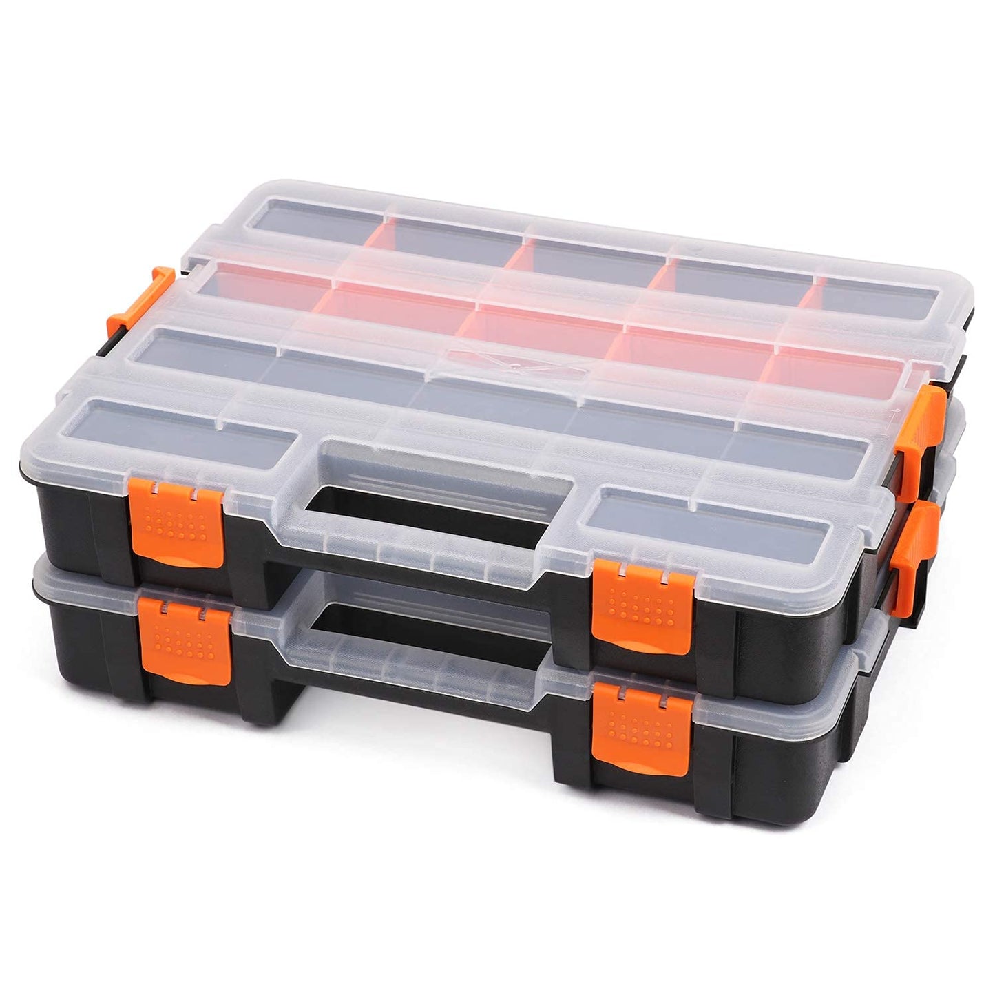 Makitoyo Tool Box Organizers, Interlocking Black Small Parts Organizer for Fasteners, Parts and Crafts w/Removable Dividers, 2 Pieces Pack, Black & Orange