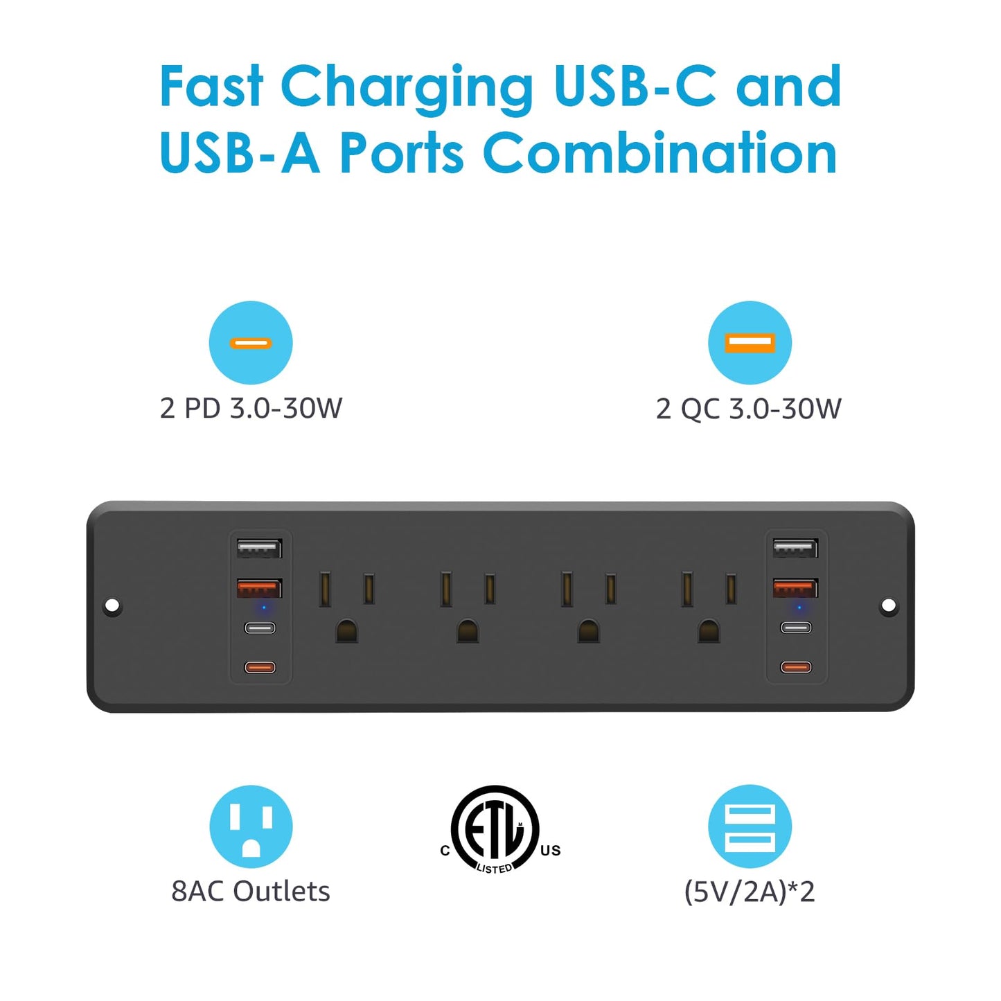 8 Outlet Recessed Power Strip, 30W Fast Charging Furniture Power Outlet USB C, 4 USB-A and 4 USB-C, 6ft Power Cord.