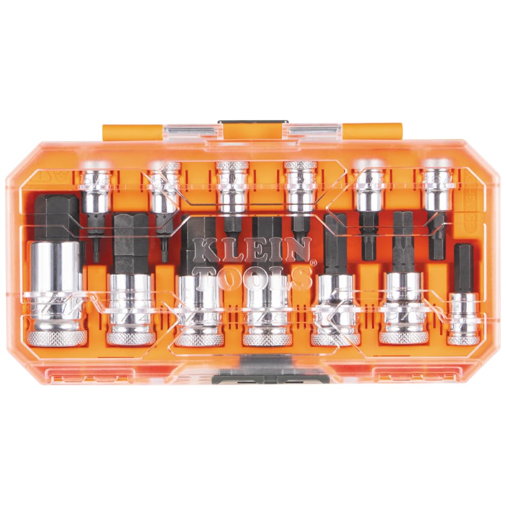 Klein Tools 65213HEX Knurled Hex Bit Socket Set, 1/4, 3/8 and 1/2-Inch Drives, Premium Cr-V Steel, SAE Sizes 5/64 to 9/16-Inch, MODbox Case, 13-Piece