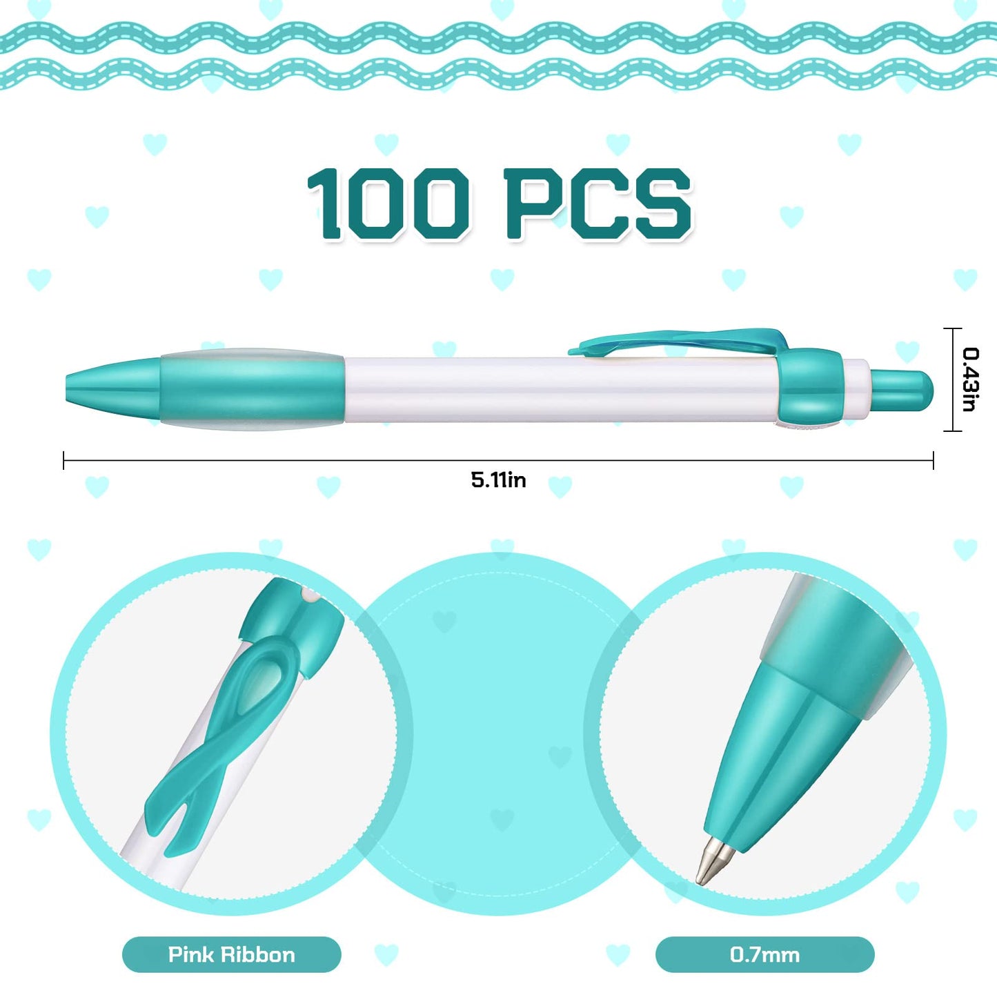 Yexiya 100 Pcs Breast Cancer Awareness Ribbon Pen Autism Domestic Violence Aids Sexual Child Abuse Mental Health Ovarian Cervical Colon Leukemia Liver Pride Lung Item, Black Ink(Teal Color)