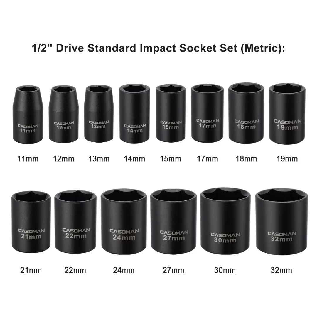 CASOMAN 14 Pieces 1/2-Inch Drive Standard Impact Socket Set, Metric, 6-Point, 11mm to 32mm