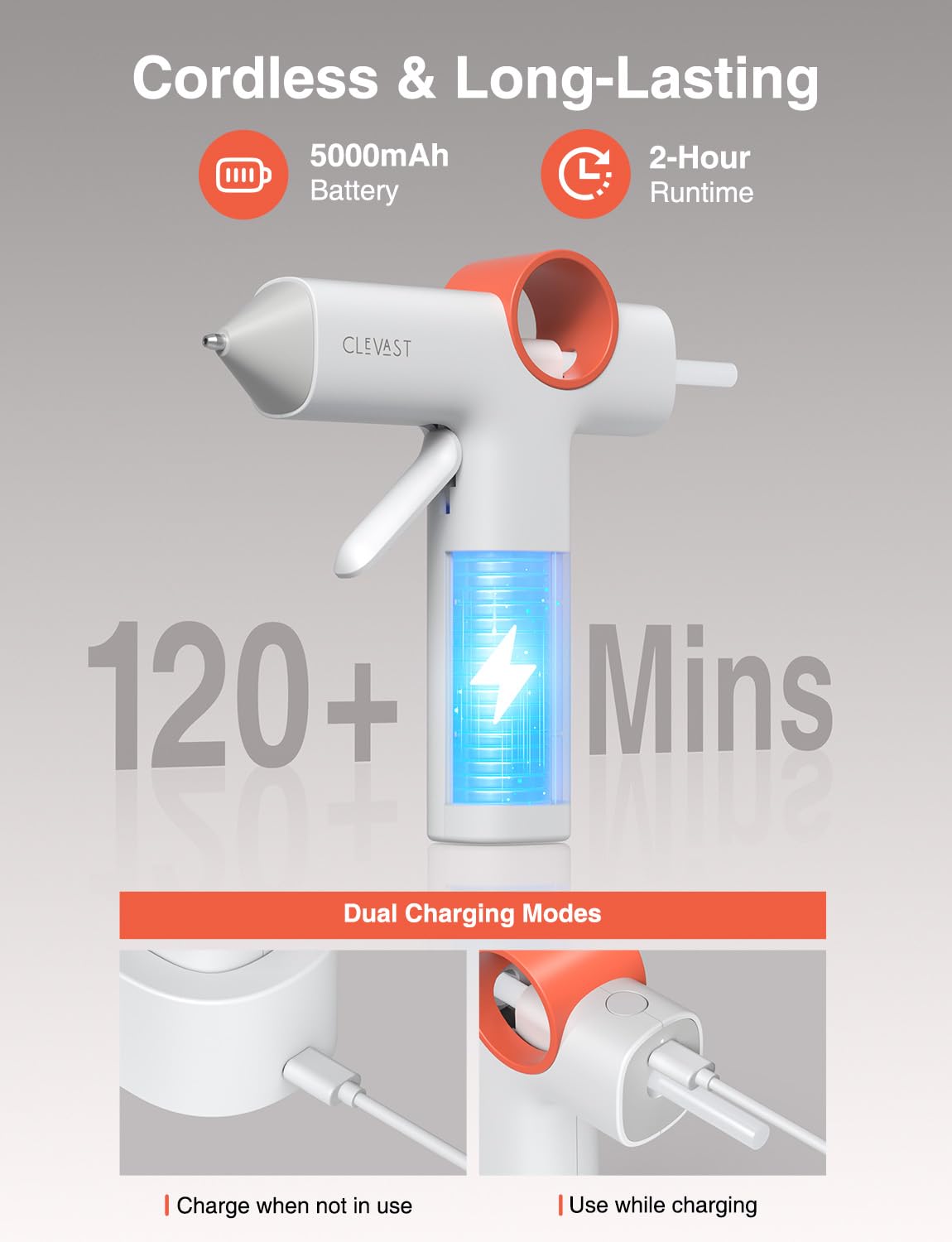 CLEVAST Cordless Hot Glue Gun, 40s Heat-Up, 5000mAh Battery (2+ hrs), Dual USB-C, Use While Charging, Anti-Drip Nozzle, Smooth Flow, 5-Min Auto-Off, for Crafts/DIY/Repairs/Decor