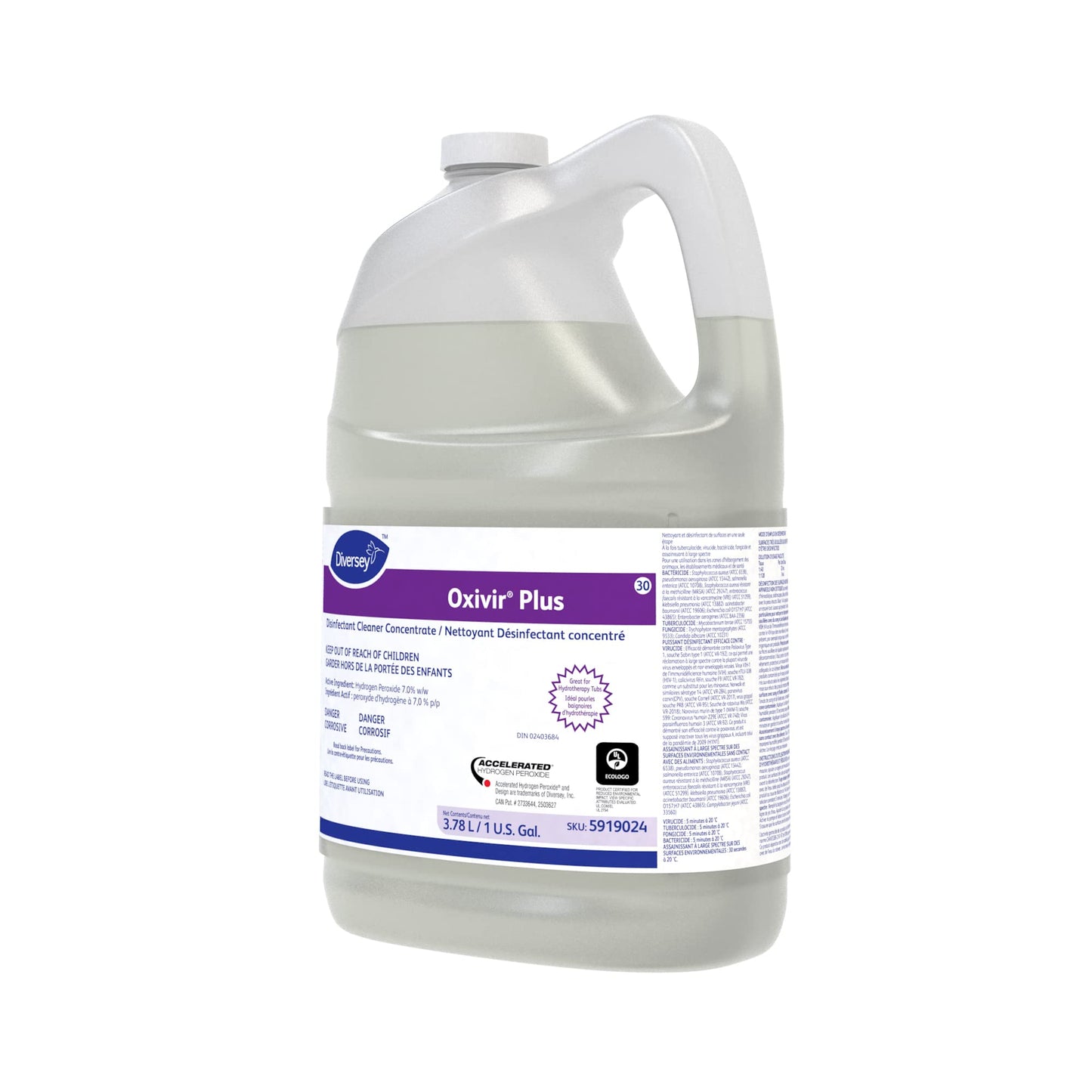 Diversey 5919024 Oxivir Plus Disinfectant Cleaner, Hospital Strength Hydrogen Peroxide Sanitizer for Hydrotherapy Tubs & Hard Surfaces, Unscented, Liquid Concentrate, 3.78-Liter