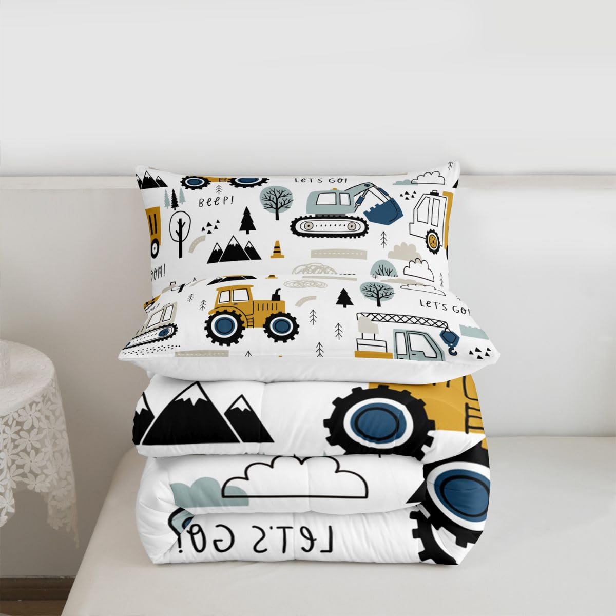 Cartoon Car Kids Comforter Set Construction Bedding Set Decor Equipment Trucks Comforter Cartoon Car Excavator Tractor White Yellow Duvet Set Bedroom Quilt Set 3Pcs Full