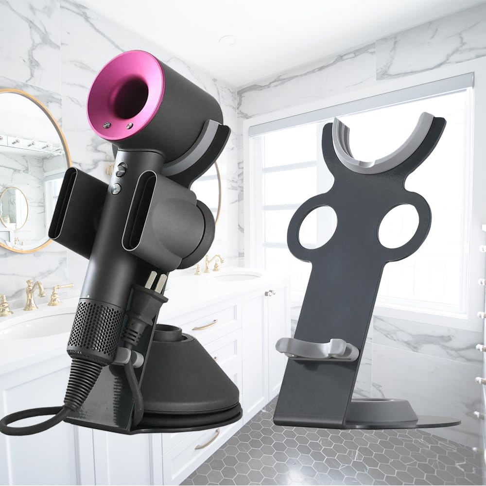 Hair Dryer Holder Compatible for Dyson Supersonic, Magnetic Stand Holder with Power Plug Cable Organizer, Aluminum Alloy Bracket, Bathroom Organizer Compatible for Dyson Supersonic Hair Dryer, Diffuser and Nozzles