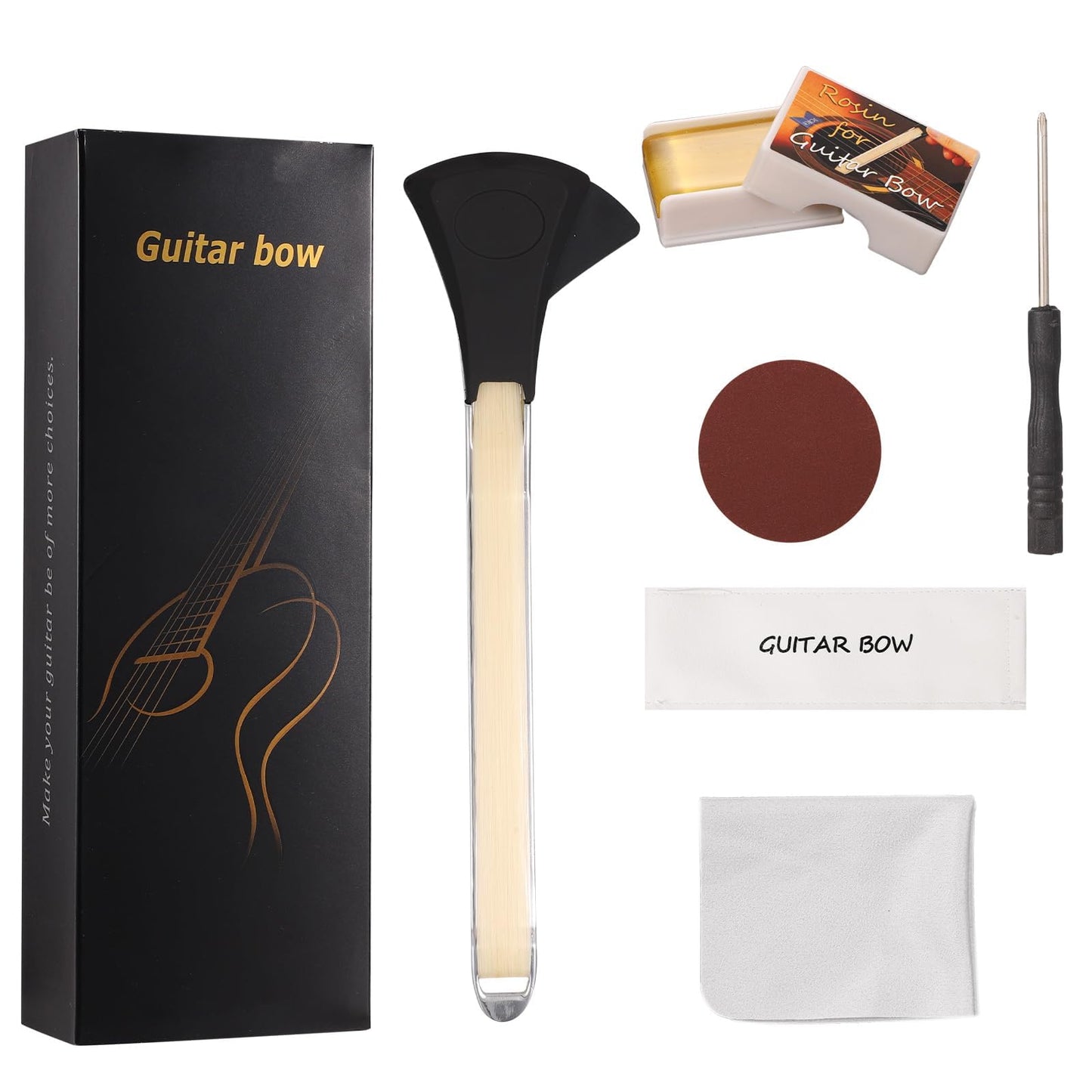 Guitar Bow Kit, 2-in-1 Horsehair Aluminum Alloy Guitar Bow Pick Picasso Bow with Rosin Sandpaper Cloth Fun Acoustic Instrument Playing Tools Create Violin & Cello Sounds Creative Gift for Music Lover
