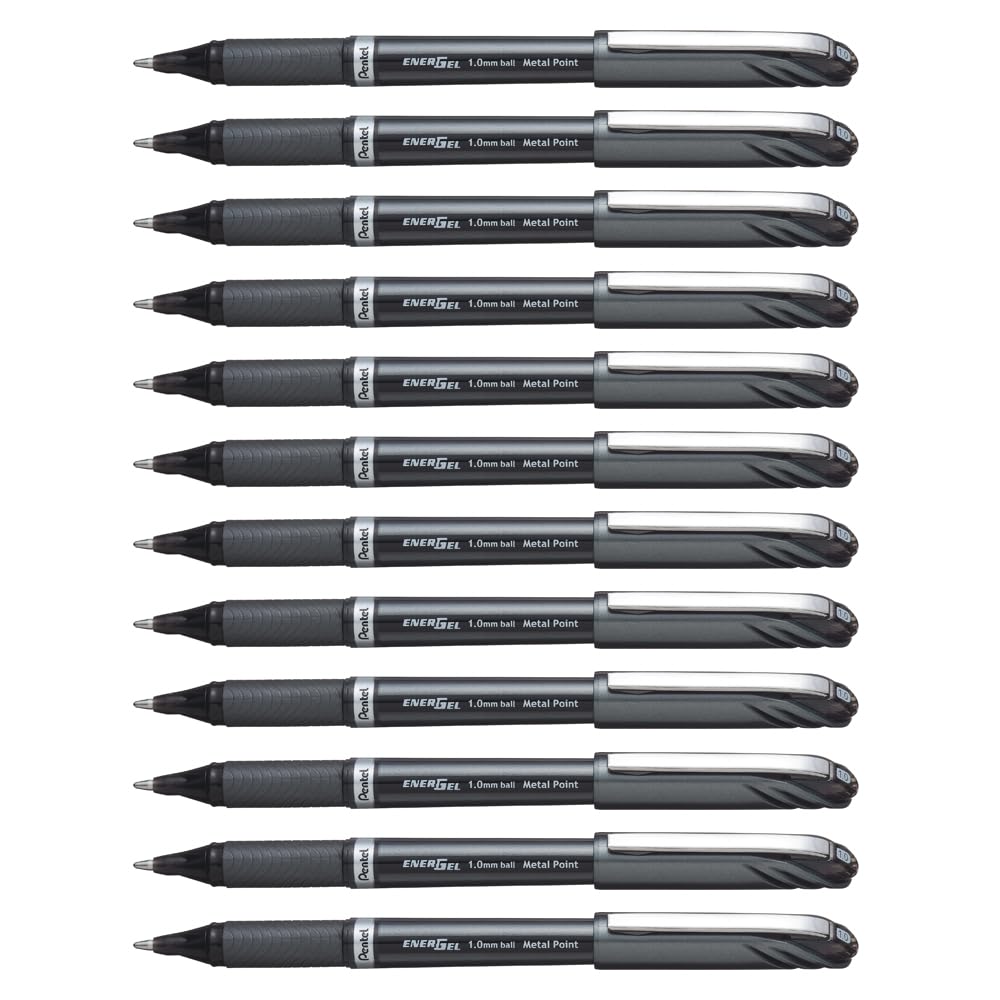 Pentel EnerGel NV Liquid Gel Pen, (1.0mm) Medium Line Capped, Metal Tip, Black Ink, Box of 12 (BL30-A)