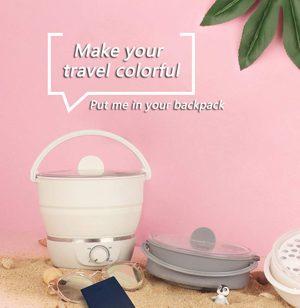 Drizzle Foldable Electric Hot Pot Cooker Dual Voltage100V-240V Mini Kettle Food Grade Silicone Cookerware Boiling Water Steamer Portable Travel (White)