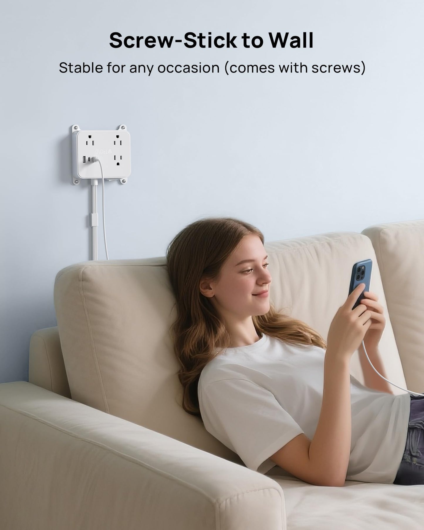 TROND 360° Rotating Plug Power Bar with 2 USB C, 5ft Flat Extension Cord Indoor, 3 Multi Plug Outlets, Wall Mountable, Power Strip for Hard-to-Reach Socket Behind Couch, Nightstand, Desk, White