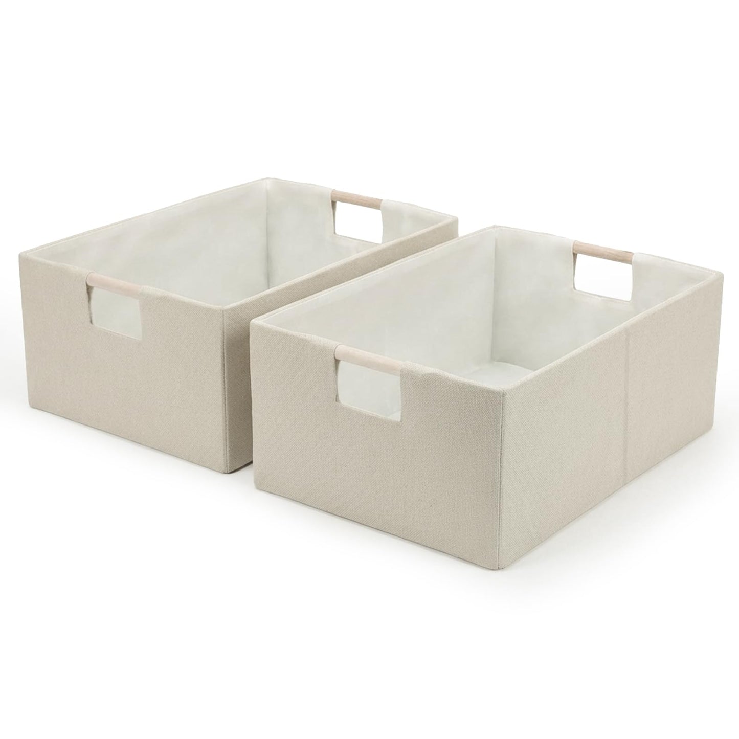 Fabric Collapsible Storage Bins, 2 Packs Cloth Storage Cubes with Wooden Handles, Stow Home Items Shelf Baskets, Rectangular Storage Basket for Decor, Shelves and Closet Organizer Bins (Beige)