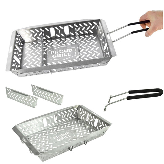 Proud Grill UltraVersatile Stainless Steel Grill Basket - Large BBQ Grill Basket for Grilling Vegetables. Detachable Handle and Movable dividers. Perfect Grill Accessory to Grill Veggies, Fish, Meat.