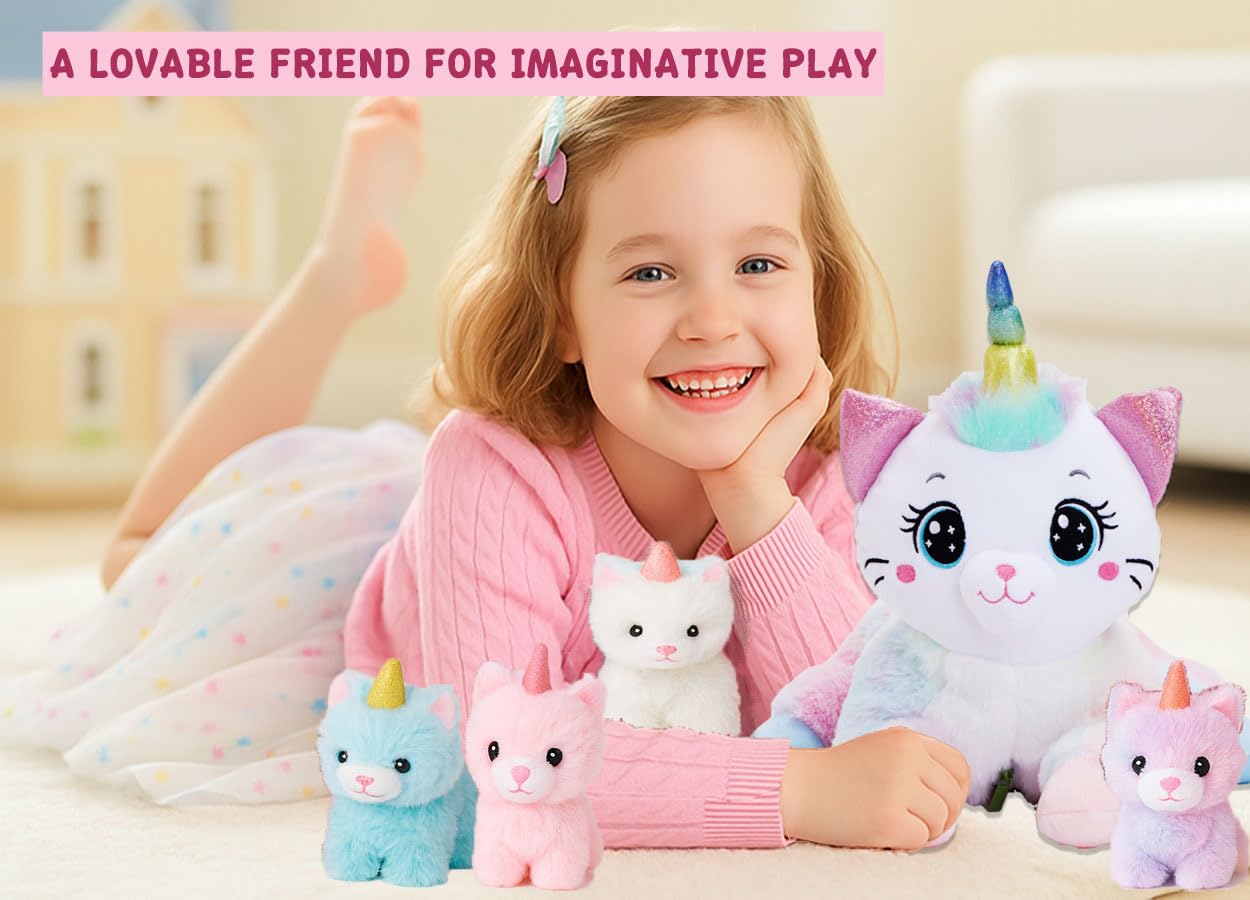 Chirpy Chums Dreamy Unicorn Cat Family – 16” Magical Unicorn Cat Plush with 4 Kittens – Ultra-Soft Stuffed Animal, Zipper Belly Surprise – Magical Pillow Plushies, Big Plush Toy Gift for Kids Ages 3+