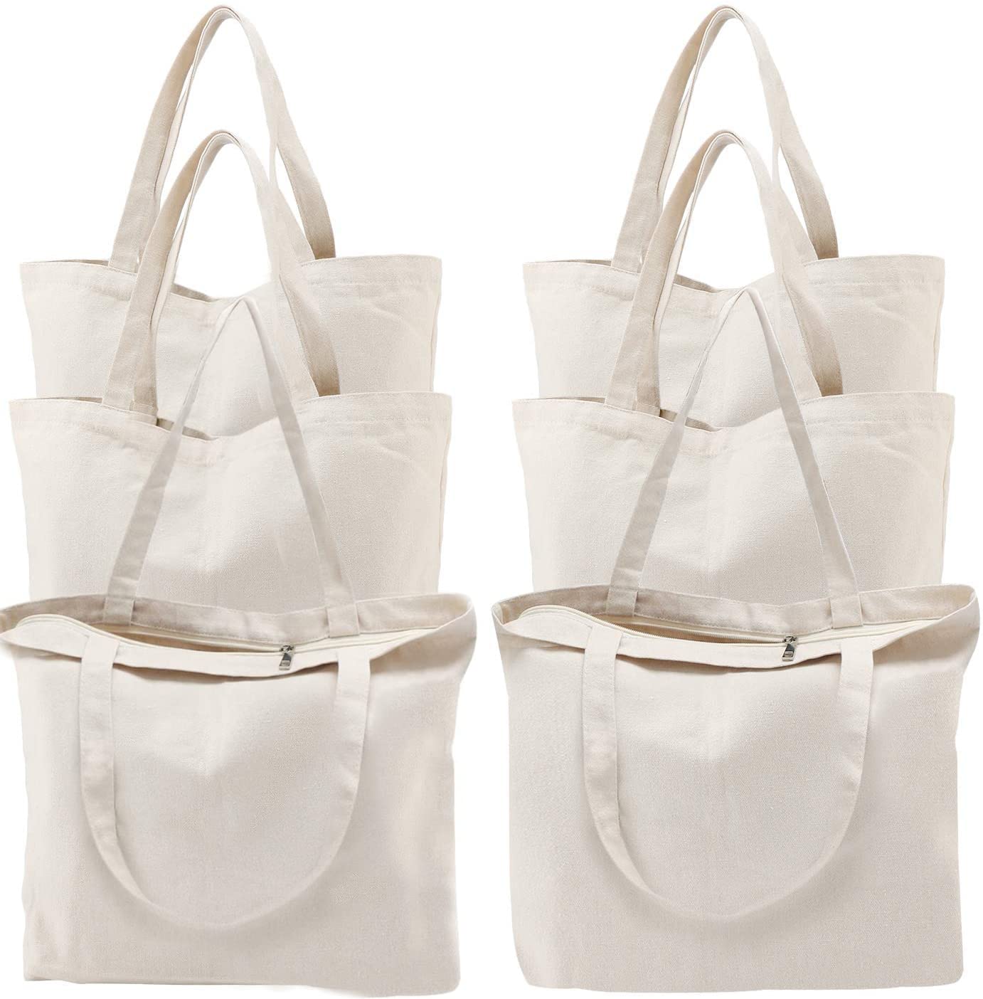 6 Packs Canvas Tote Bags, 16 x 13.4 Inch Reusable Grocery bags with Zipper, Heavy Duty Shopping Bags, Blank DIY Bags for Art Crafts Painting Embroidery Decoration
