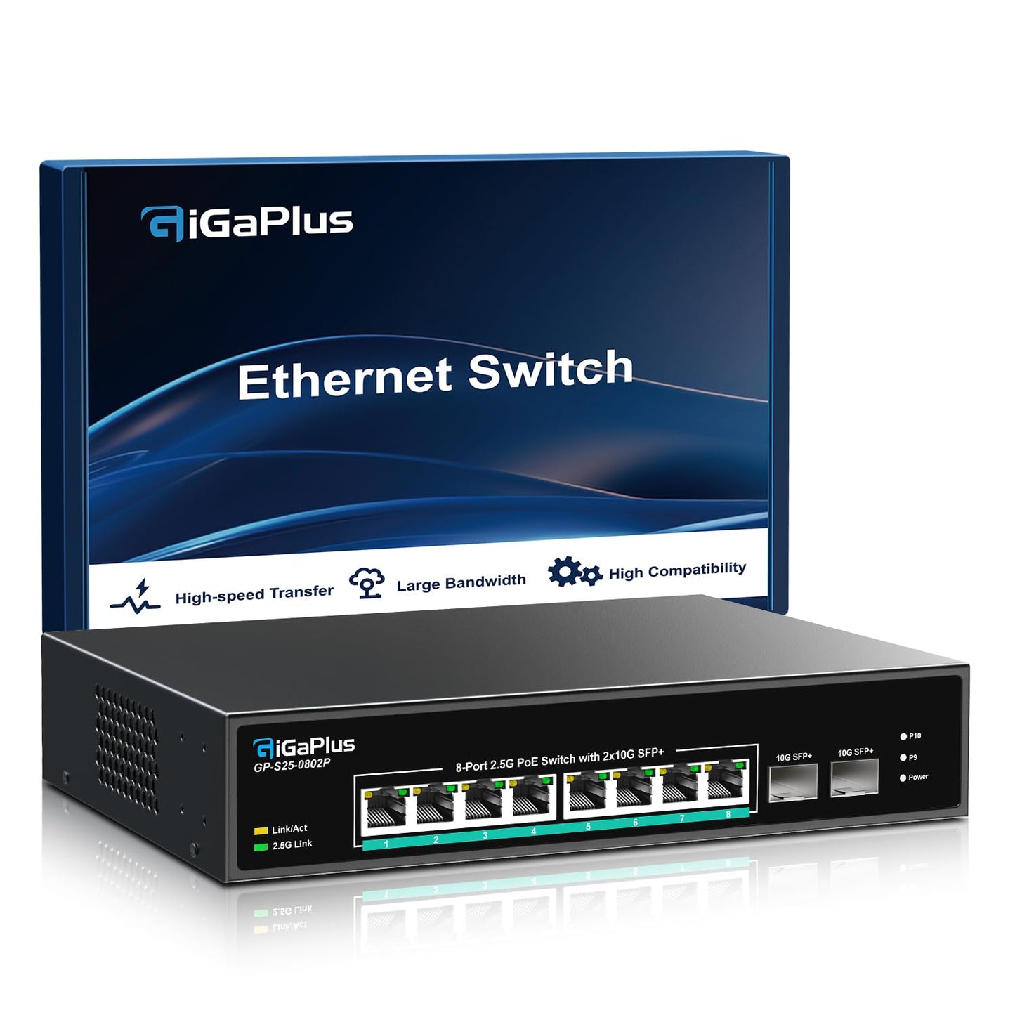 10 Port 2.5Gb Unmanaged PoE Switch with 8*2.5G Base-T PoE Ports, 2*10G SFP+ Uplink, 802.3af/at (PoE+), 80Gbps Switching Capacity, GigaPlus 2.5G PoE Switch for 2.5Gb NAS/PC, WiFi6 Router, Wireless AP