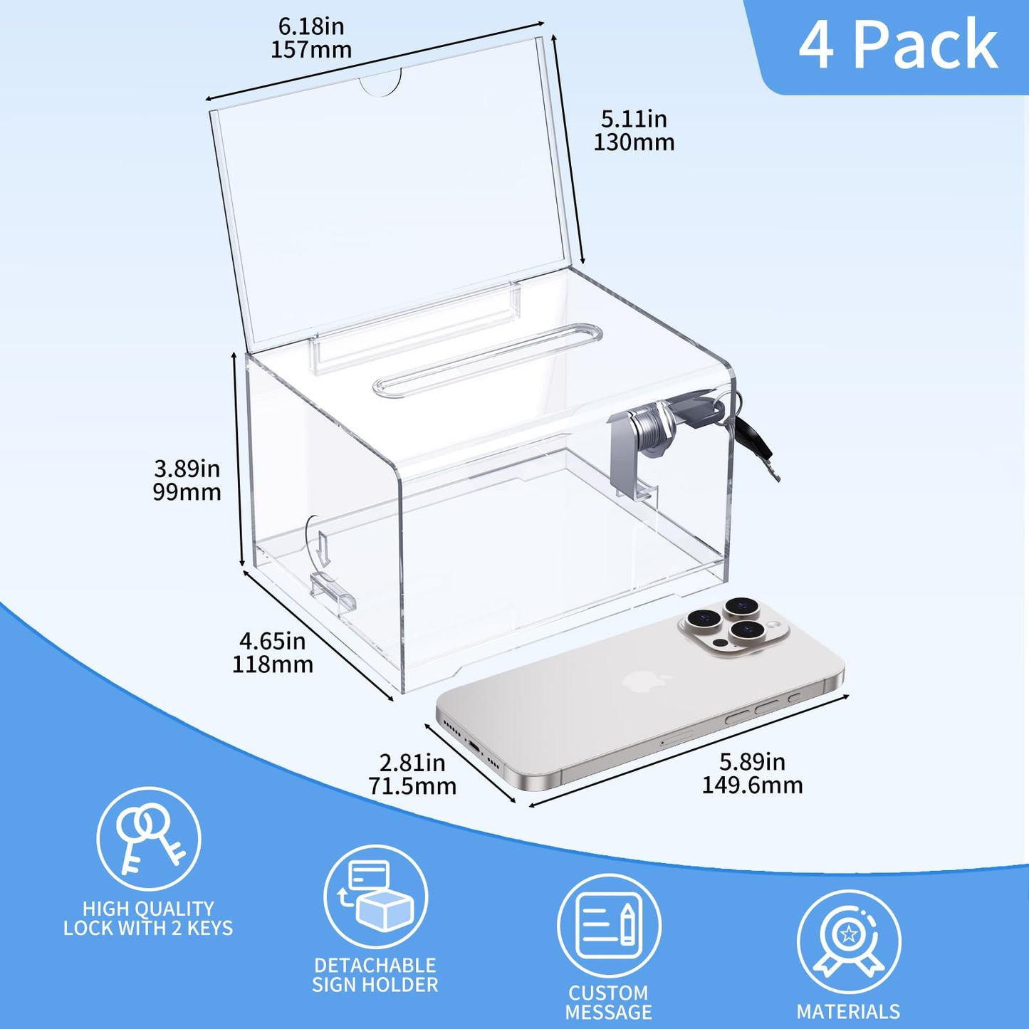 VZZNN 4 Pack Clear Acrylic Donation Containers with Lock and Sign Holder, 6.1 x 4.6 x 3.9 Inch Ballot Box, Raffle Ticket Box, Tip, and Suggestion Collection for Fundraising and Events