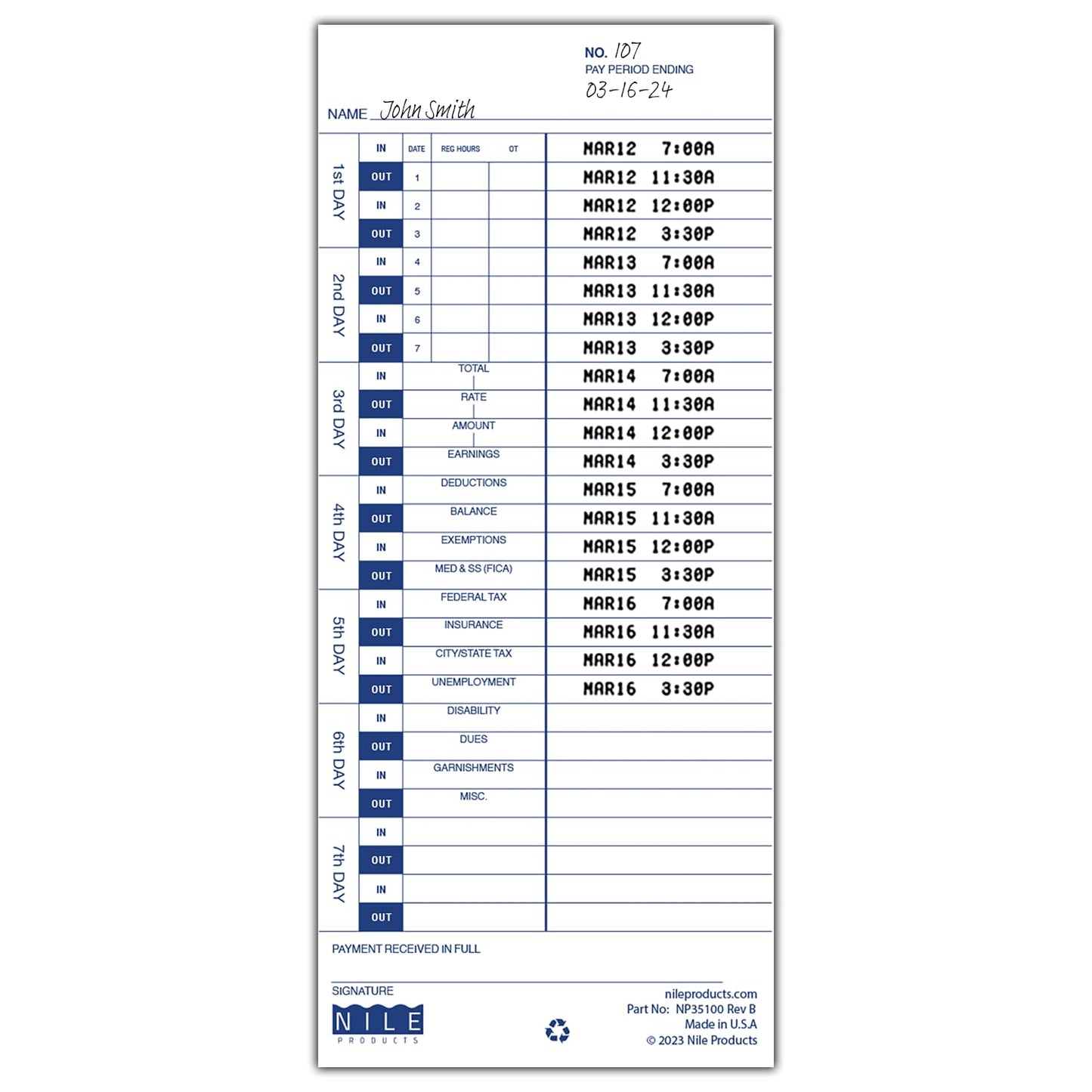 Nile Products - 200 Authorized Single Sided Time Cards for Pyramid Manual Side Print Timeclock and Document Stamp [ NP35100-PK2], Pyramid 35100-10 Compatible (4 W x 9 H Inches) - 200 Time Cards