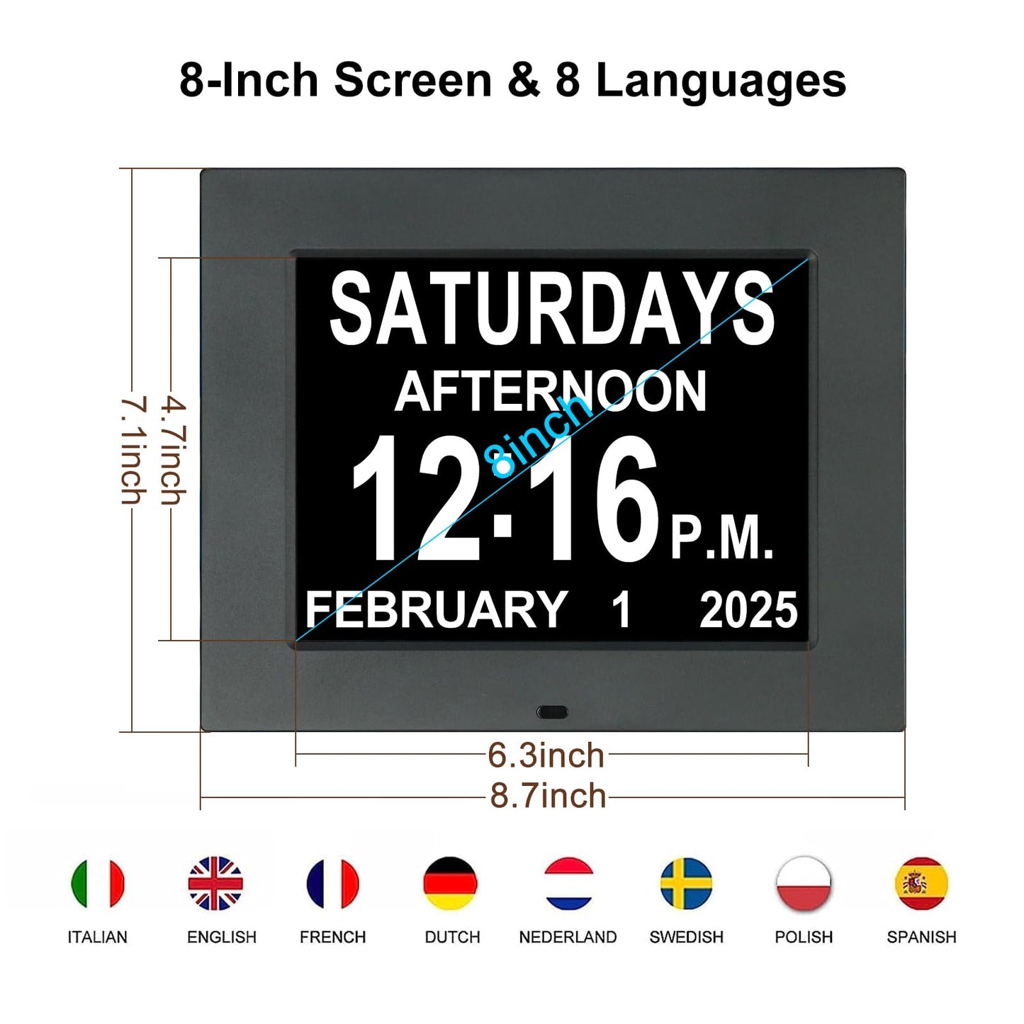 KASTISS 8 inch Digital Clock for Seniors, Calendar with Date & Week and Time for Elderly, Large Display Dementia Clock with SD Card Slot, Programmable Medication Reminder (Black)