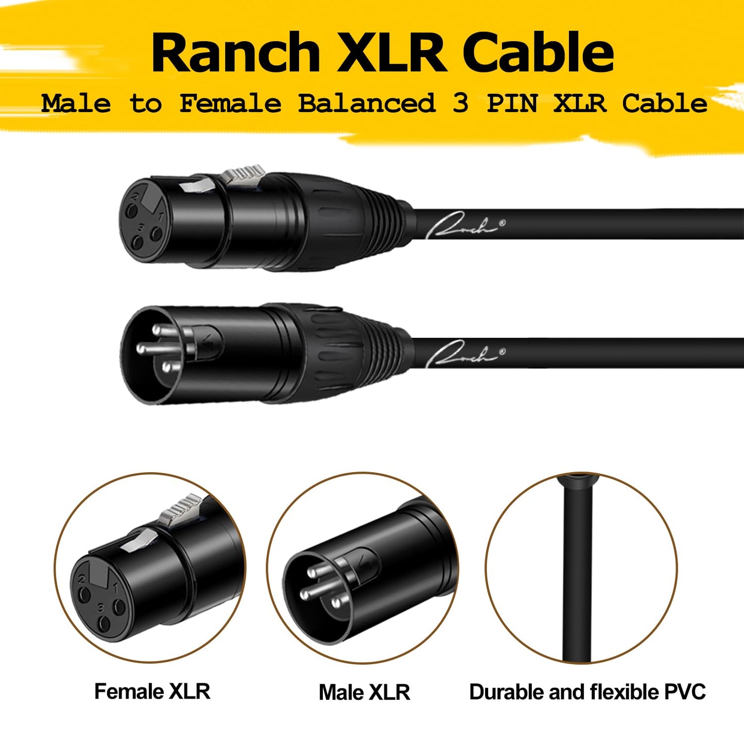Ranch XLR Cable 25ft Male to Female Balanced 3 PIN Microphone Cable for Professional Audio Applications Like Speaker and PA System - Black