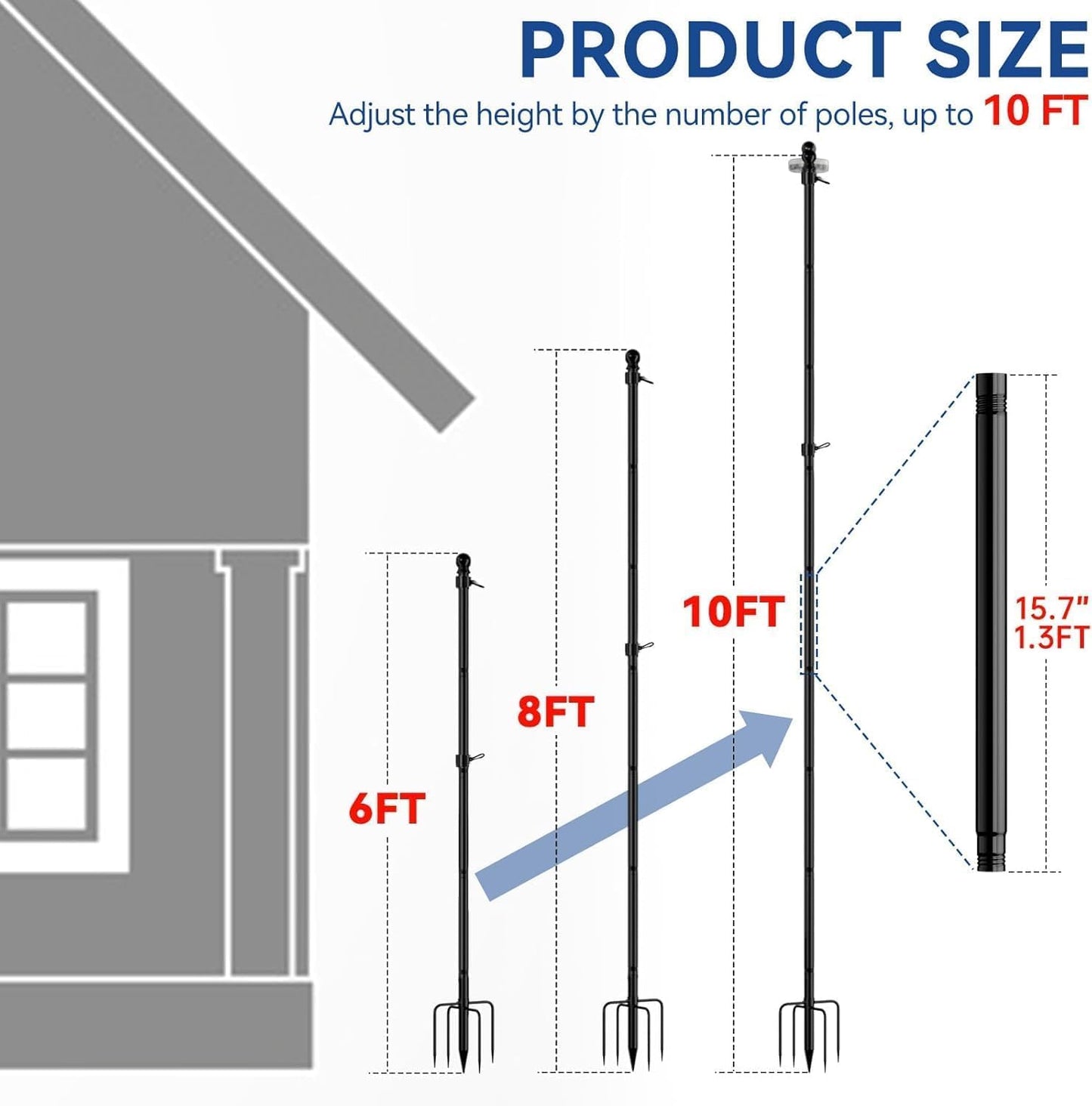 ZMTECH 10 FT Flag Pole in Ground, Heavy Duty Flag Pole Holder for Outside House with 5 Pronges Base, Extra Thick Flag Pole Kit for Outdoor Garden Decor Residential Commerical(1 Pack,Without Flag)