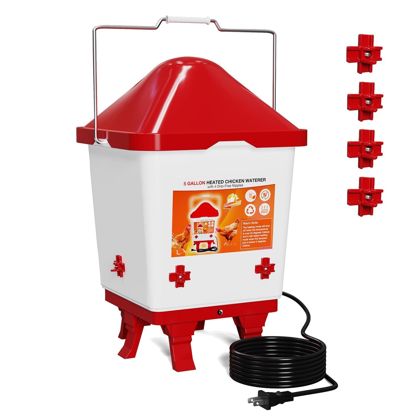 Heated Chicken Waterer, Thermostatically Controlled Poultry Waterer with 4 Nipples and 6 Foldable Legs, Large Hanging Chick Water Heater for Winter Chicken Coop Accessories, 5 Gallon (Red + White)