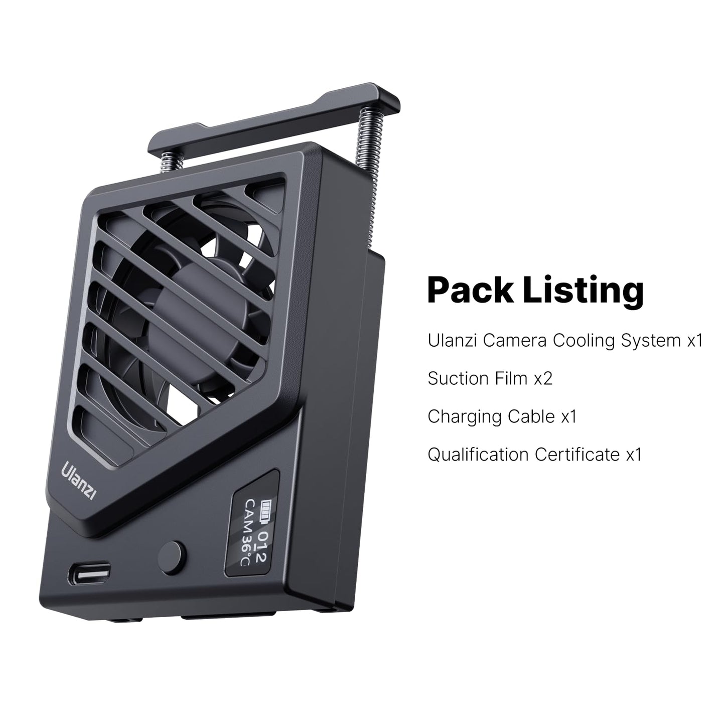 ULANZI Camera Cooling Fan Black New, Spring Telescopic Mounting Adjustable Mini Intelligent Cooling Fan Real-time Monitoring with Type-C Charging Port, Compatible with Sony Canon