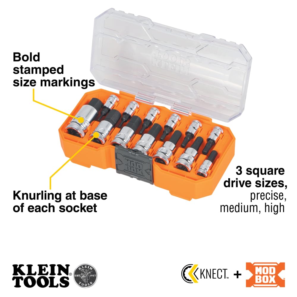 Klein Tools 65213HEX Knurled Hex Bit Socket Set, 1/4, 3/8 and 1/2-Inch Drives, Premium Cr-V Steel, SAE Sizes 5/64 to 9/16-Inch, MODbox Case, 13-Piece