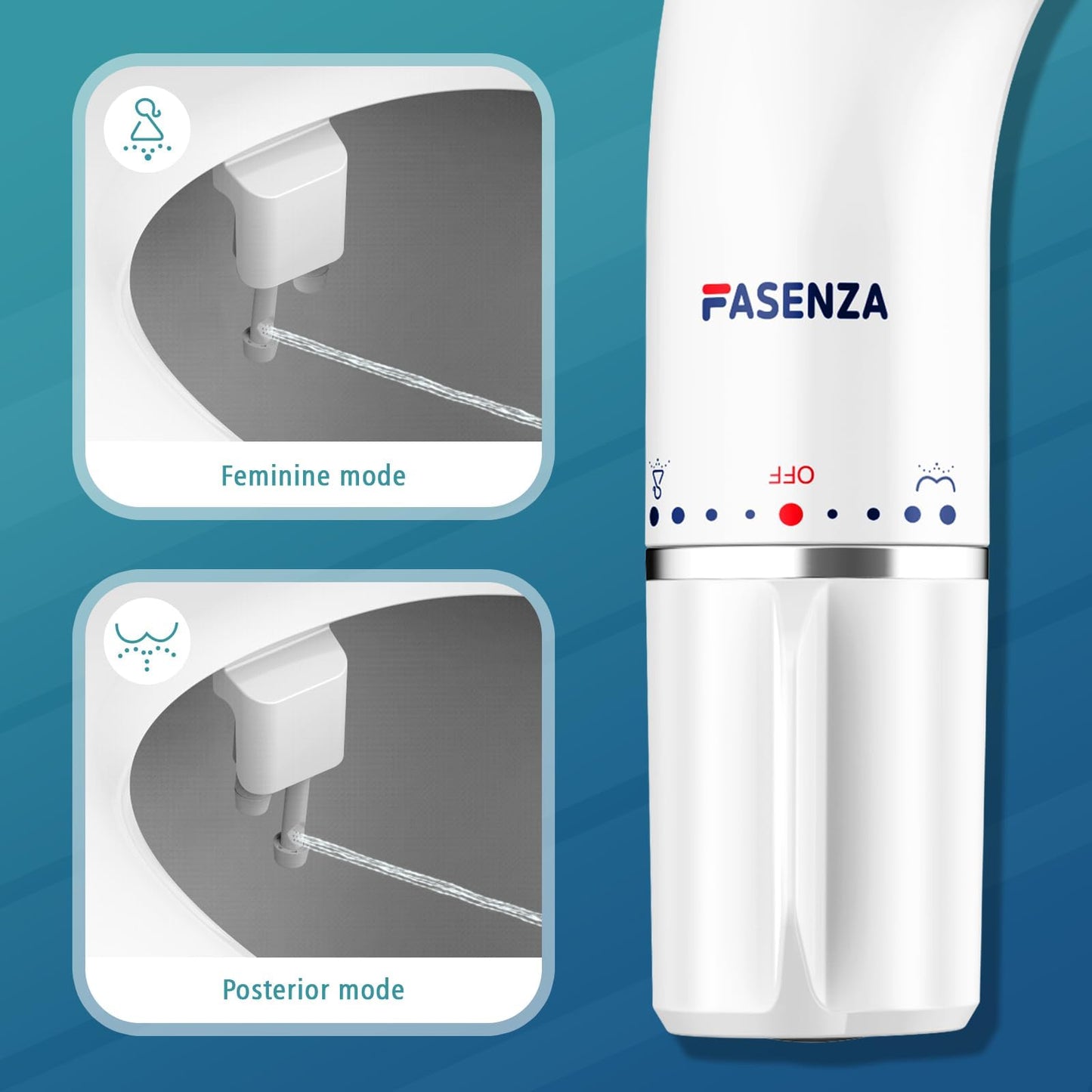 FASENZA Bidet Attachment for Toilet Seat: Adjustable Water Pressure, Ultra-Slim Toilet Water Sprayer with Self-Cleaning Non-Electric Dual Nozzle, Front & Rear Feminine Wash, Cold Water, White, 1 Pack