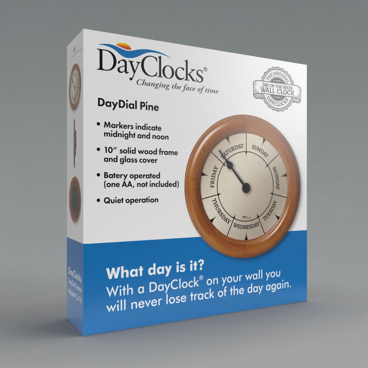 DayClocks Classic Day of The Week Wall Clock with Solid Wood Frame – Calendar Day Clock – Ideal Retirement Gift for Men & Women – Pine, 10"