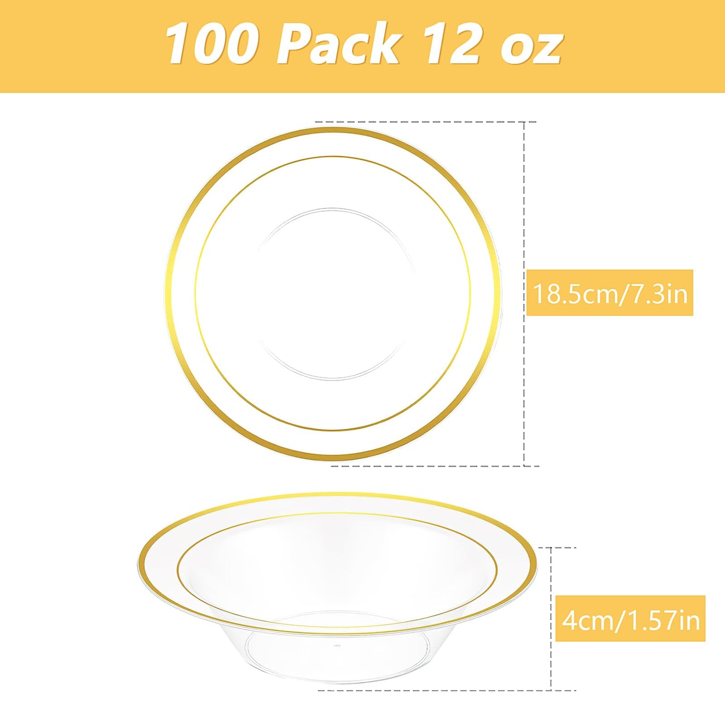 100Pcs Disposable Serving Bowls for Party, 12 oz Plastic Soup Bowls Bulk Clear Dessert Bowl with Gold Rim for Catering Holidays Dinner Wedding Party Supplies