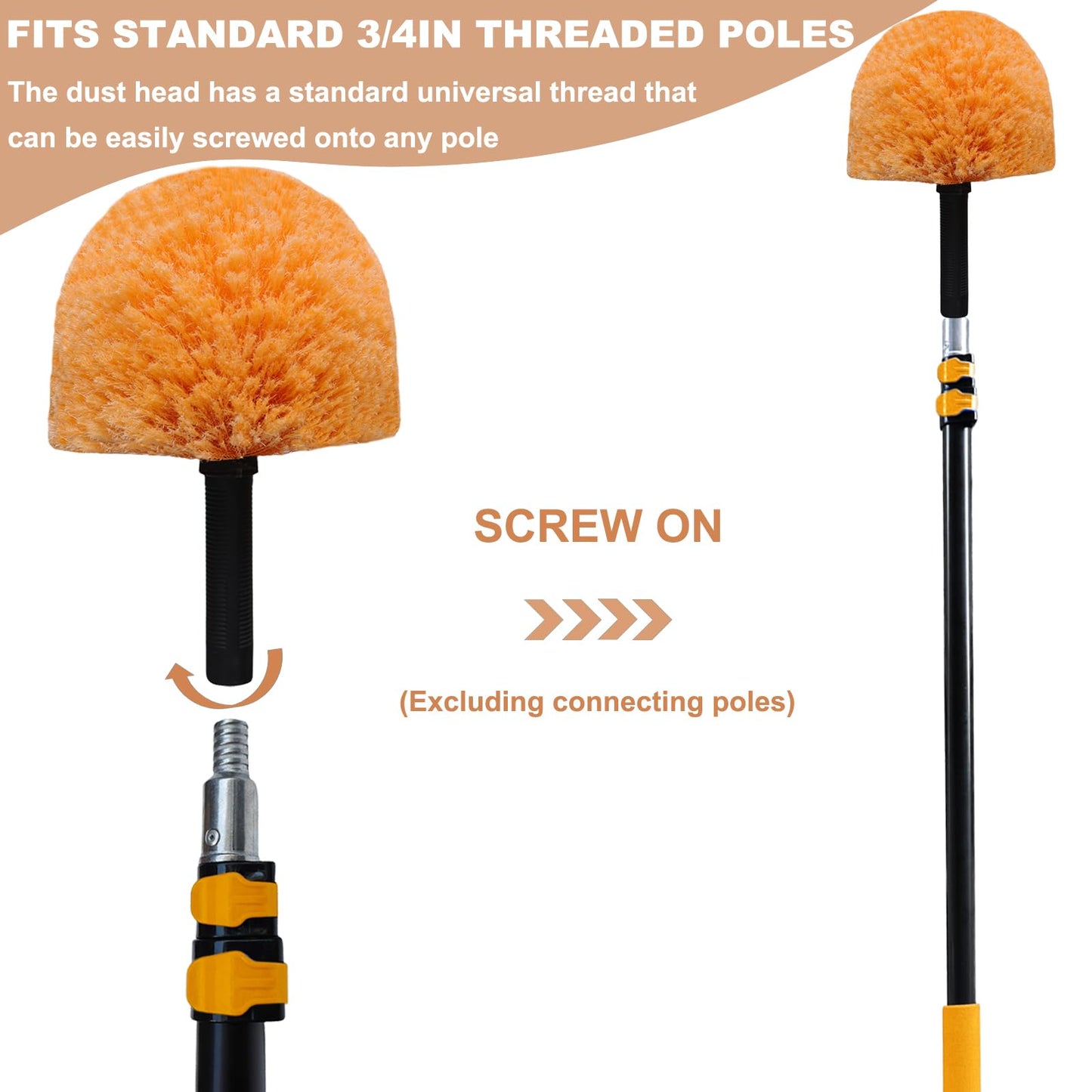 Twist-On Cobweb Duster Head Brush // Spider Web Brush for Outdoor & Indoor Web Cleaning // Fits Standard Acme Threaded Poles // Brush Head Only-Orange (4)