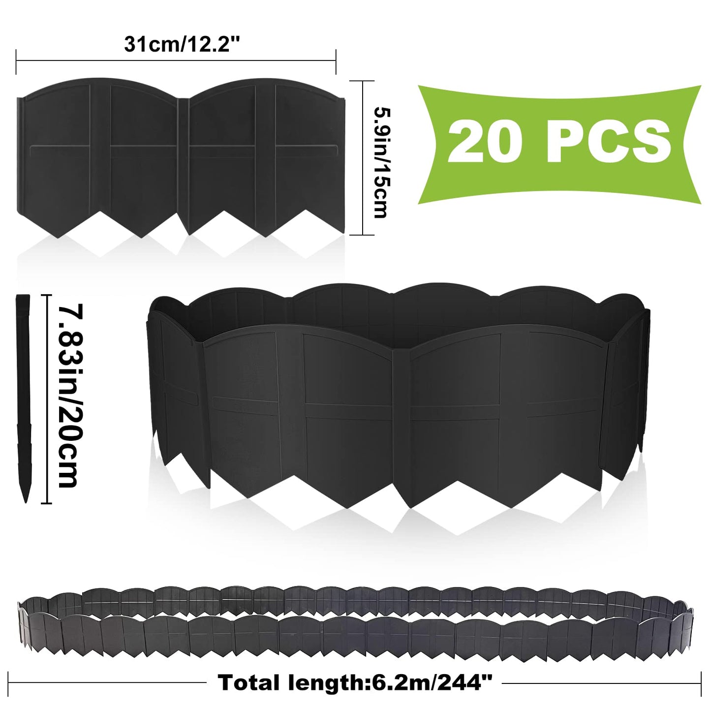 Vashly 20 pcs 10.17ft x5.9Inch H with 20 Spikes No Dig Plastic Lawn Edging Garden Edging Border Landscape Edging Kit, for Outdoor Patio Pathway,The Yard,Lawn Garden Flower Bed Border Edging