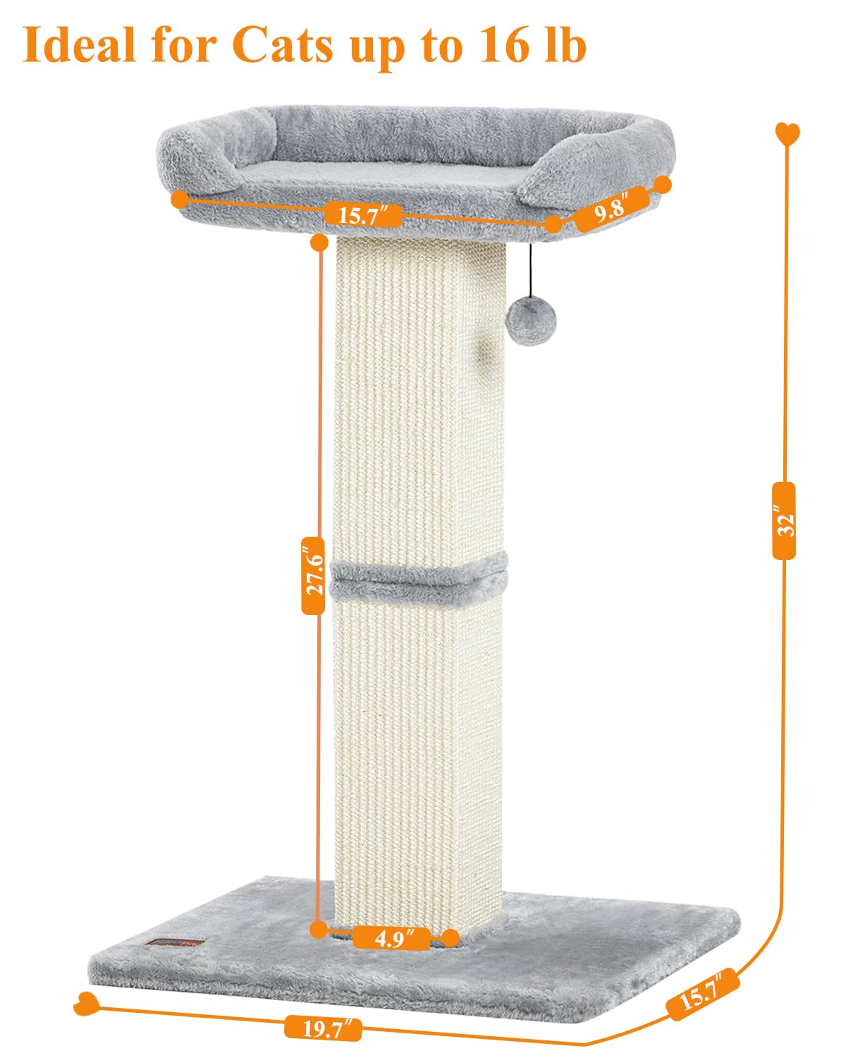 Karolpar 32" Cat Scratching Post for Indoor Cats, Sisal Cat Scratcher with Plush Perch, Large Scratch Post with Bed, Removable Cover, Sisal Fabric (Gray)