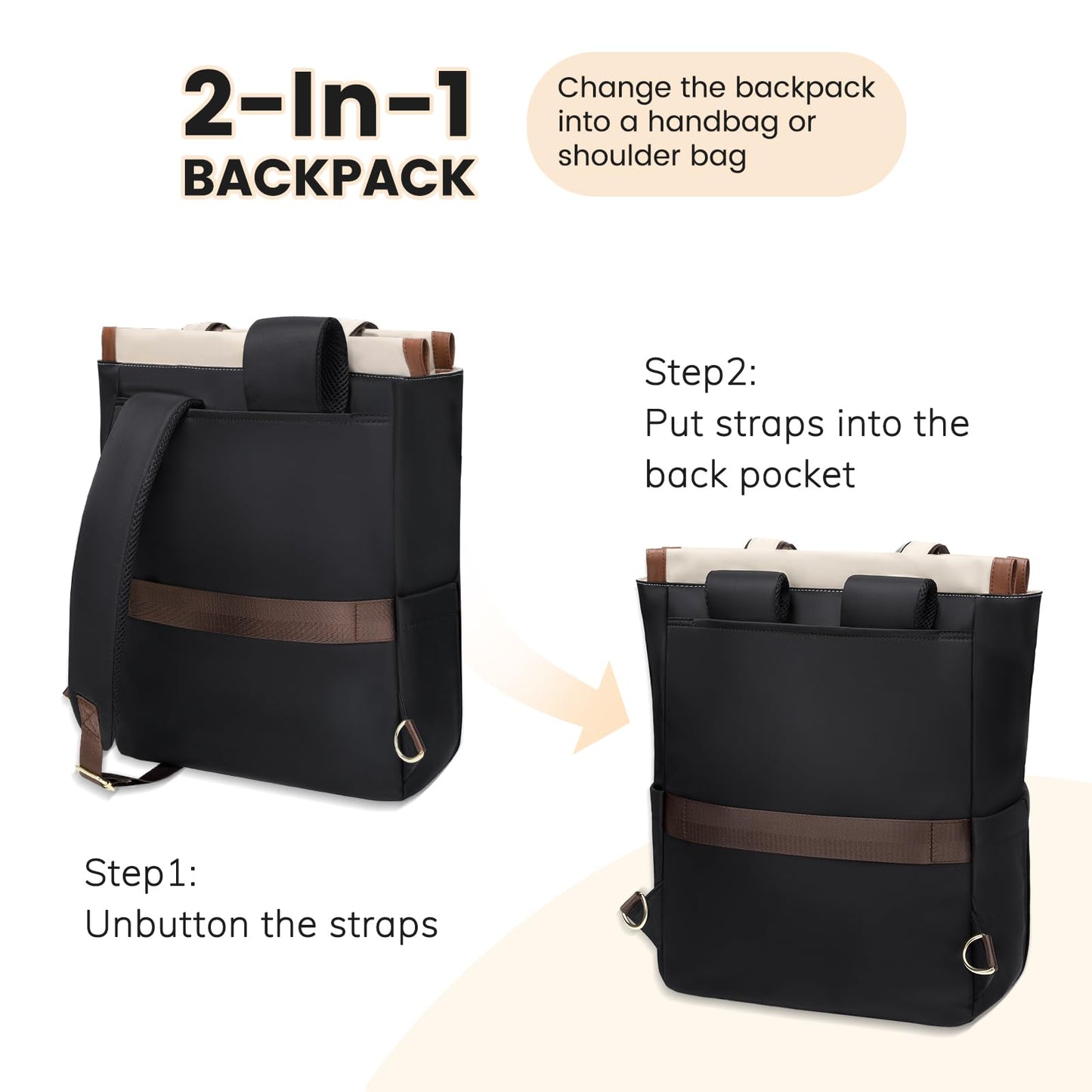 GOLF QUALITY Convertible Laptop Backpack for Women Carry on Tote Daypack Bookbag for College Work Nurse Travel,16Inch,Apricot Brown