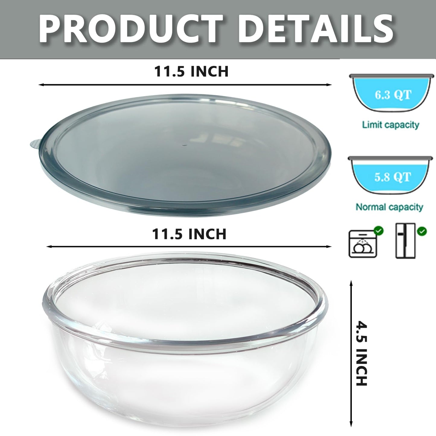 CD HOME Large Glass Mixing Bowl with Lid,6.3 Quart Thickened Bowl Edges Clear Glass Salad Cooking Bowls for Sourdough, Salad and Storage Prepping and Baking Food Storage