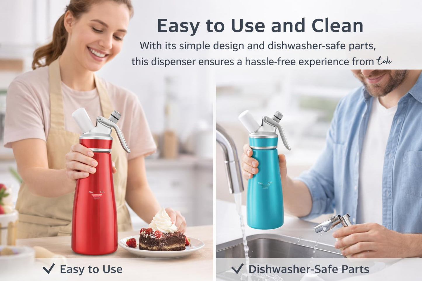 Whipped Cream Dispenser–Double Wall Insulated Aluminum Water Bottle with Stainless Steel 3 Nozzles, Extra-Large Capacity Whipping Cream Maker for Desserts, Coffee, Cocktails More