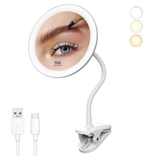 6.5" Clip on Vanity Makeup Mirror with Light, gooseneck Travel 10x Magnifying Mirror,USB Recharge (White 10X)