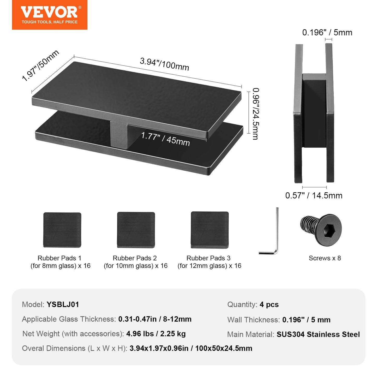 VEVOR Glass Clamp, 4 PCS Rectangle Glass Railing Bracket for 0.31 "-0.47" Tempered Glass, 304 Stainless Steel Glass Mounting Clamp, 0.2” Thick Glass Shelf Bracket for Balcony, Garden, Pool, Stair