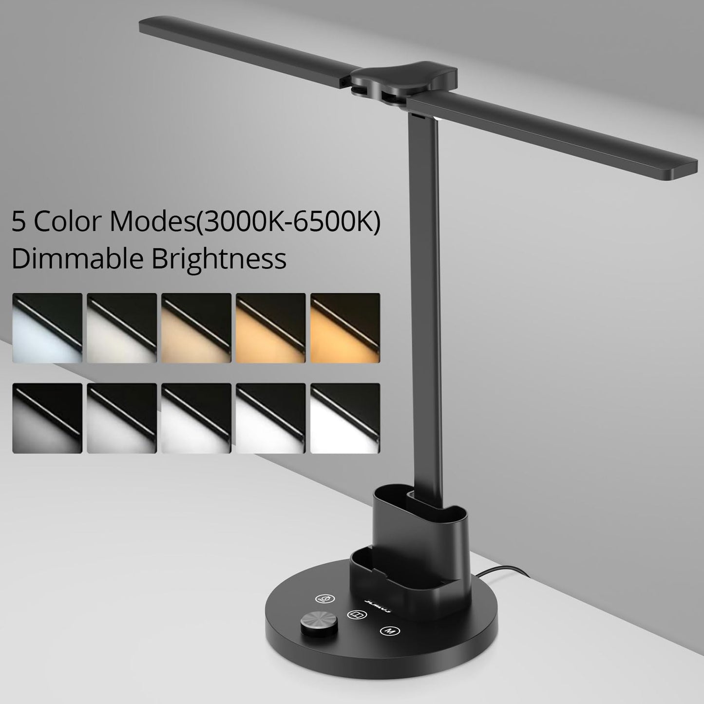 Semlos 10W LED Desk Lamp for Home Office, Touch Control, Adjustable Brightness, 3000K-6500K Color Temp, 45-Min Timer, Reading Mode, Dual-Arm Table Light with Charger & Pen Holder, Black