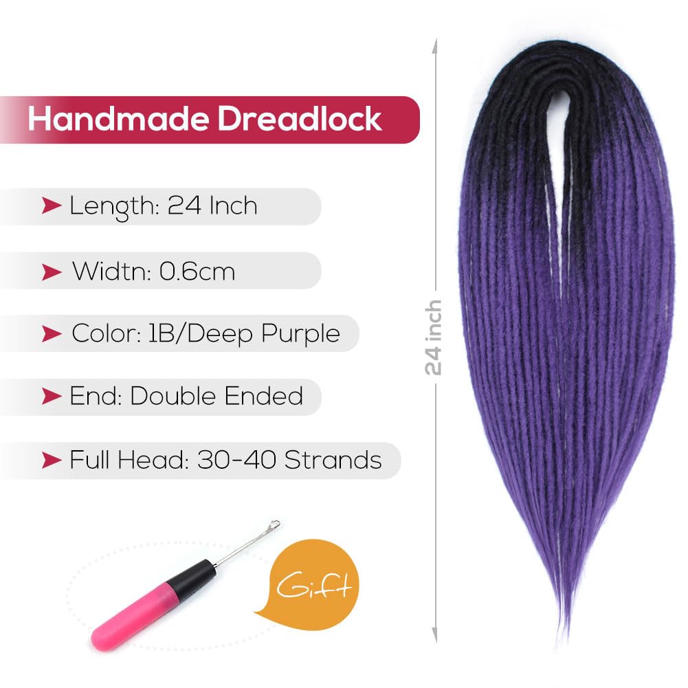 24" Double Ended Dreadlock Extensions,Natural Black To Deep Purple,100% Handmade Thin 0.6cm Synthetic Dreads Extensions(24 Inch(20 Strands), 1B/Deep Purple)