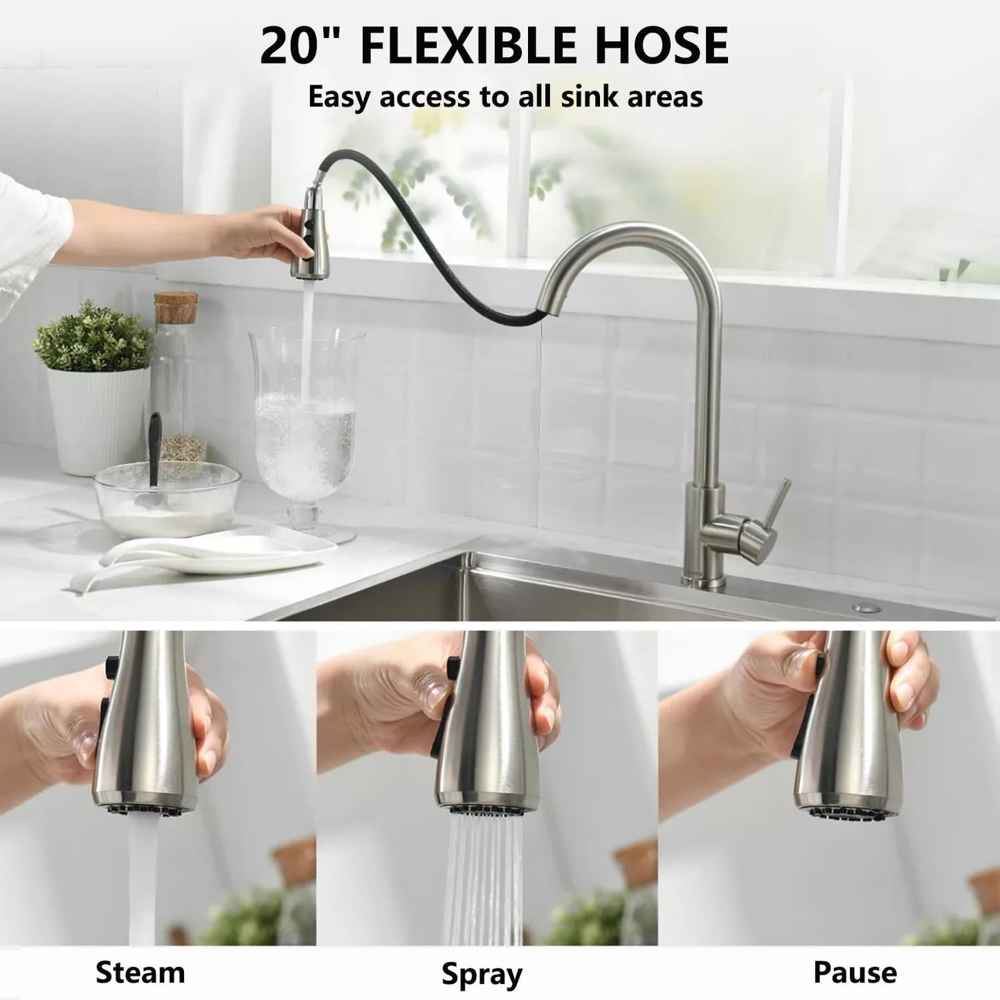 YUUTY Kitchen Sink Faucet with Pull Down Sprayer, Single Handle High Arc Brushed Nickel Tap, 360° Swivel for Farmhouse, Utility, Bar, RV, Laundry Sink, Easy Installation