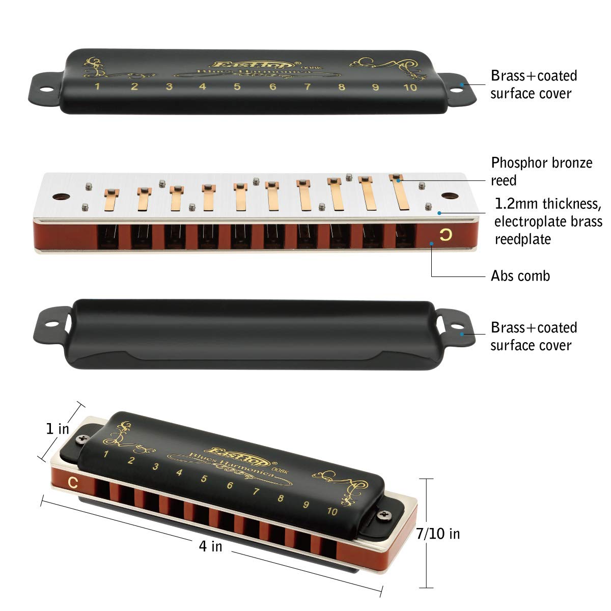 East top Harmonica C, Blues Harmonica Key of C 10 Hole 20 Tone Blues Mouth Organ Diatonic Harmonica Adult Musical Instrument for Professional Player, Beginner, Students (Black)