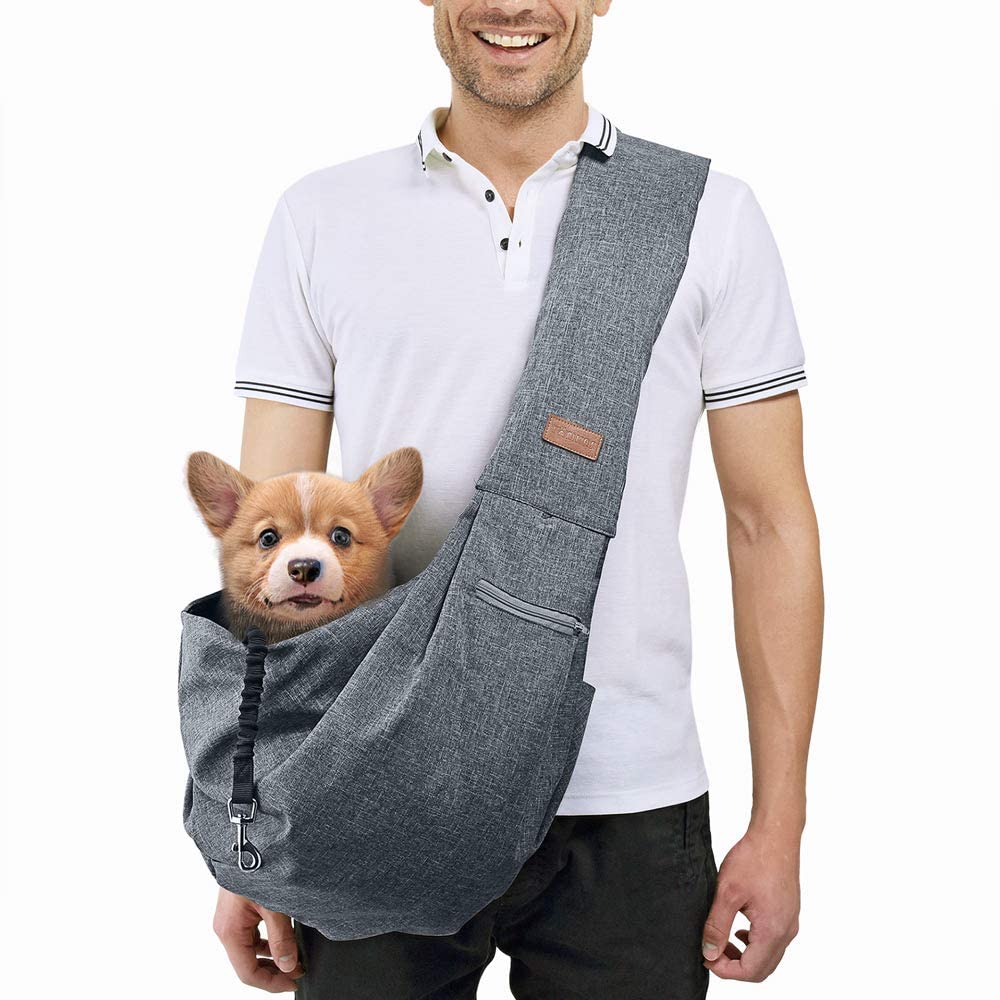 Tomkas Small Dog Sling Carrier - Zipper Pocket & Adjustable Strap - for 8-15 lbs Pets(Grey)