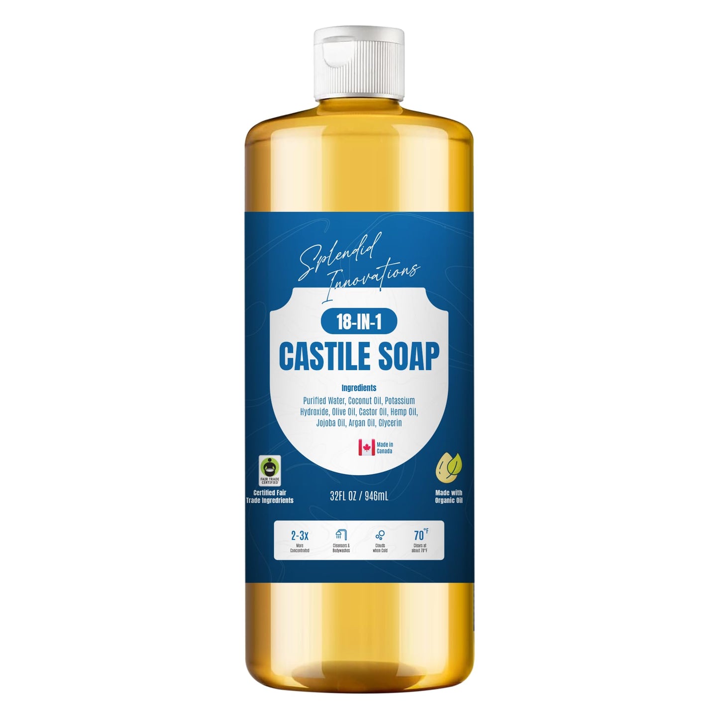Castile Liquid Soap 946ml, Made in Canada Organic Certified, Unscented Baby Soap, Made with Organic Oils, 18-in-1: Face, Hair, Laundr, Dishes, Plant Food, 82% Less Plastic, For Sensitive Skin and Babies, 32 oz, All-Purpose, Biodegradable, Hand Soap, Non-G